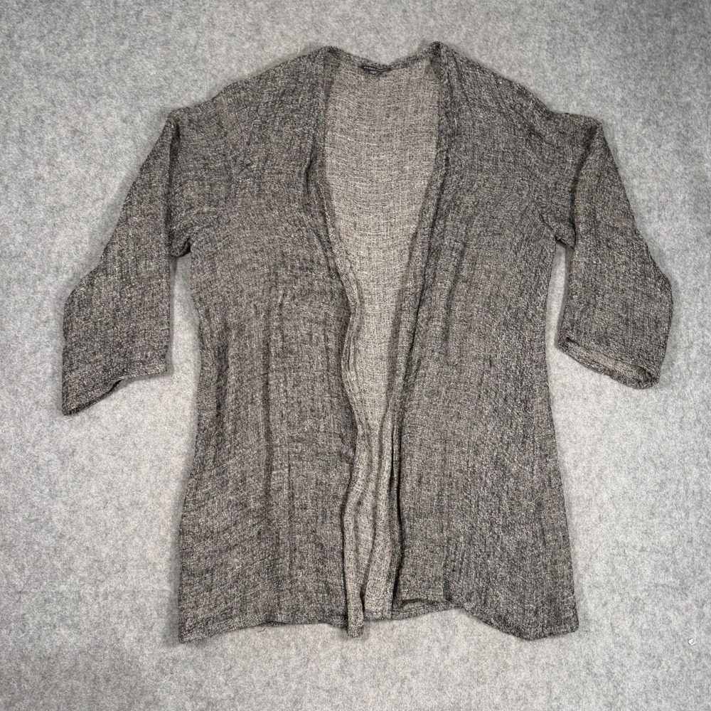 Eileen Fisher Black White Organic Linen Cardigan Sweater Women's Size Large